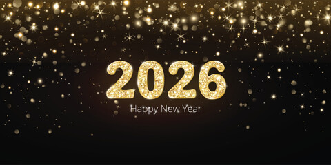 Golden glitter 2026 numbers with magic glow and sparkles on black background. Festive design for New Year calendar covers, celebration banners, or party invitations.
