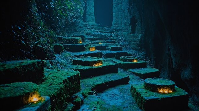 Ancient stone ruins covered glowing moss nestled in a lush jungle cinematic overgrown mystery