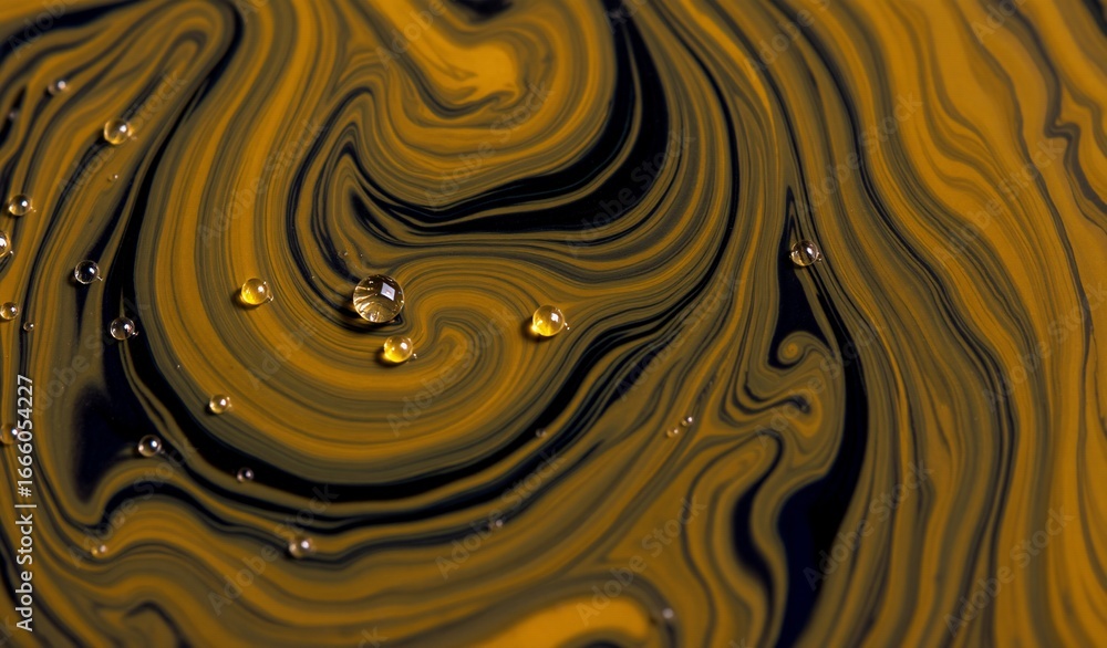 Poster abstract swirling pattern in dark and golden hues. fluid, dynamic, with small droplets dispersed thr
