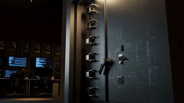High tech vault door opening in secure server room