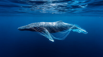 Whale caught in nets. Dirty ocean shore. Ecological problem, plastic trash. Say no to plastic. Single-use plastic waste
