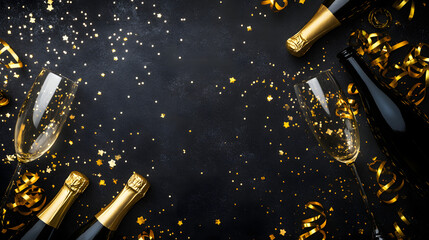 Gold party decoration on a black background with copy space for a New Year's Eve party banner background. New Year's background illustration.