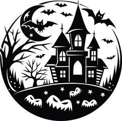 Halloween, vector illustration vector art of a spooky haunted house silhouette with bats flying around a full moon, perfect for halloween themed designs