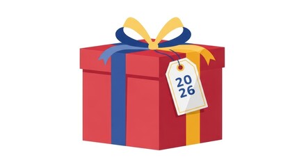 Colorful gift box with 2026 tag and ribbon decoration