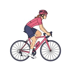 Obraz premium Woman cycling in pink gear on road bike isolated on white background