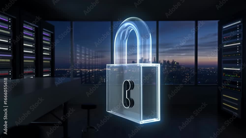 Poster glowing padlock rotating in server room with city view