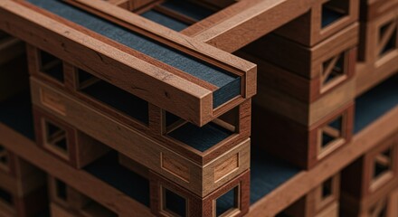 Geometric wooden architectural design with a modern, minimalist aesthetic in warm tones