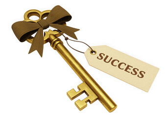 Golden key to success with a bow and tag against black backdrop.