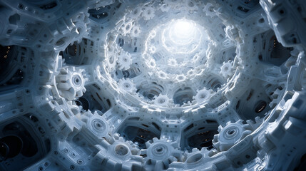 Futuristic spherical gear structure with layered components, representing mechanical complexity, engineering innovation, and advanced industrial design
