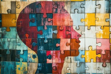
Colorful design featuring a silhouette with puzzle pieces
