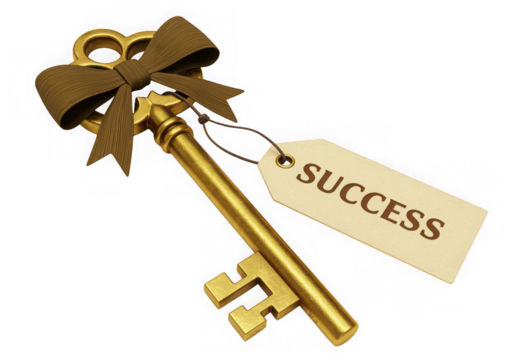 Golden key to success with a bow and tag against black backdrop.