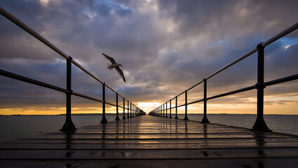 seagull flying over a long wooden pier extending into the sea at sunset with dramatic cloudy sky and reflections on the wet wood