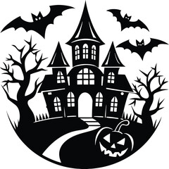 Halloween, vector illustration vector art of a spooky halloween scene featuring a haunted castle, bats flying in the night sky, and carved pumpkins