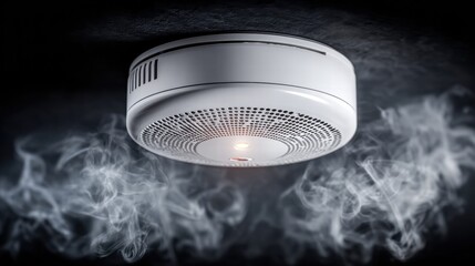 Close-up of a smoke detector with smoke, highlighting home safety and fire hazard detection.