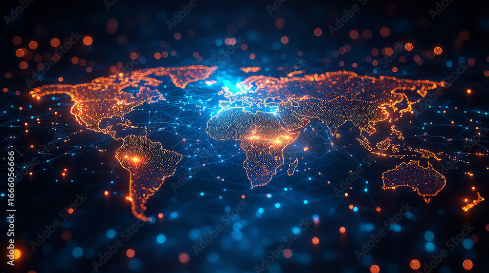 Aufkleber glowing world map with interconnected dots representing global network and digital connectivity conc