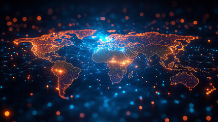 Glowing world map with interconnected dots representing global network and digital connectivity concept