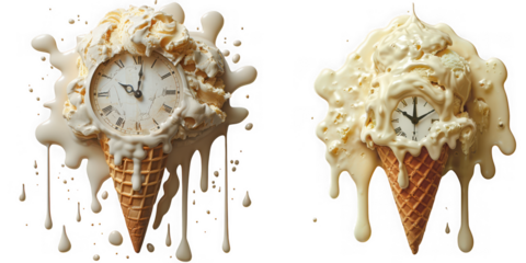 Ice cream clock cone, isolated on transparent background, a sweet reminder of time, a creative concept for a delicious and timely treat