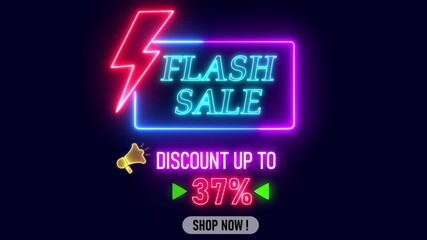 Neon sign banner flash sale, 37% off, glowing fluorescent lights, vibrant flickering colors, ideal for stores, bars, and neon marketing displays, - Powered by Adobe
