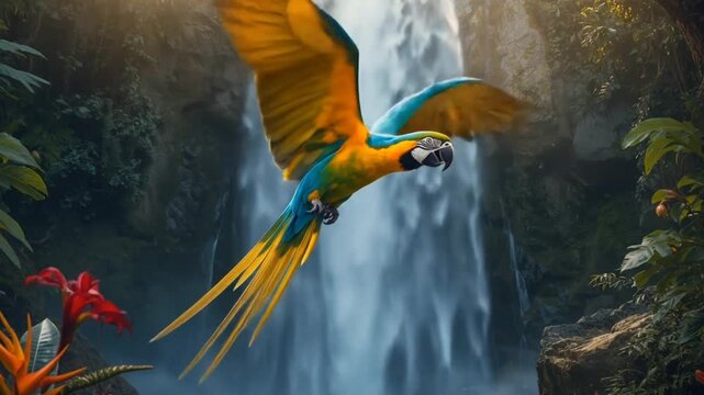 A parrot flying through a tropical waterfall scene.