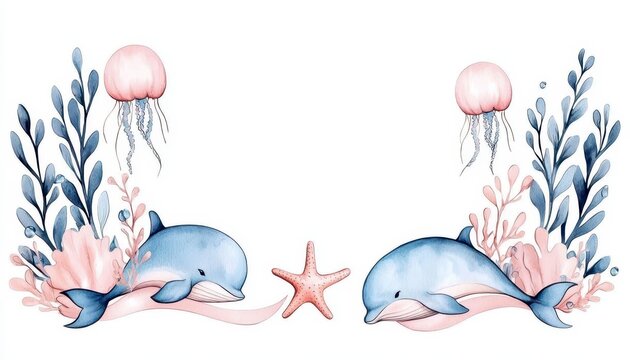 frame of sea animals. Blue watercolor ocean fish wrea. Aquatic creature border azure aquarelle marine fauna garland underwater life ichthyes circle cerulean wash oceanic theme