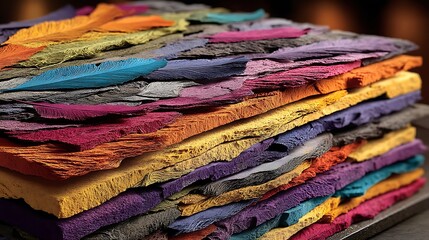 the image showcases a stack of many layers. each layer displays a different color, spanning various hues. the layers seem to be roughly cut, adding to the visual texture