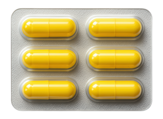 Rectangular blister pack with six yellow capsules