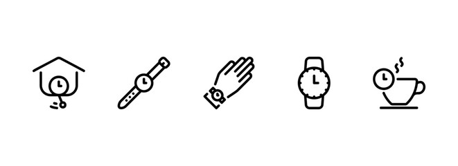 Modern outline icons depicting various clocks, watches, and time concepts
