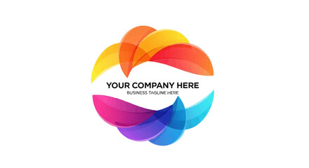 Abstract circular logo with colorful overlapping gradient petals and space for text.