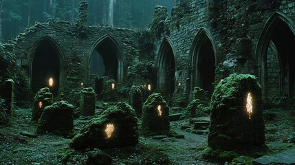 Ancient stone ruins covered glowing moss nestled in a lush jungle cinematic overgrown mystery