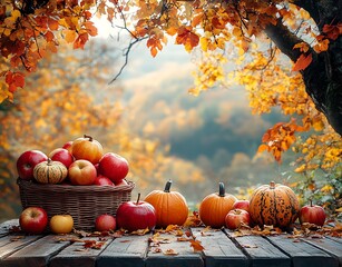 Autumn harvest of apples and pumpkins on a wooden table with fall foliage gourds