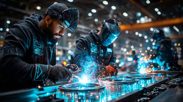 welding in the steel tube vector illustration,iron workers pushing iron hoops at the factory, iron and steel industry factory