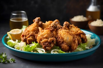 Crispy Fried Chicken Drumsticks on Blue Plate with Beer