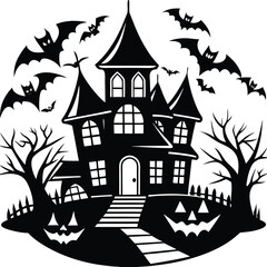 Halloween, vector illustration vector art of a spooky haunted house with bats flying around it and pumpkins on halloween night, creating a chilling atmosphere