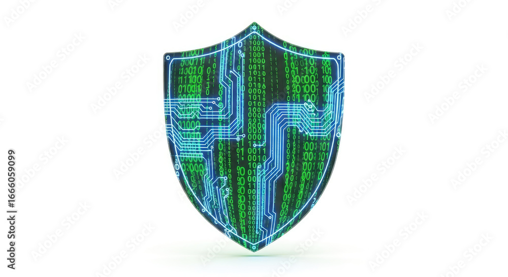 Poster digital shield with binary code and circuit board design on a white background