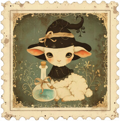 Halloween stamp, Sweet little sheep dressed as a witch with a green potion on a vintage stamp.
Perfect for autumn labels, enchanted invites, or themed product tags.