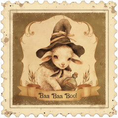 Halloween stamp, Vintage-style Halloween stamp with cute lamb in witch hat holding potion, captioned "Baa Baa Boo!", perfect for cards, decor, or festive designs.
