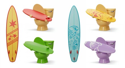Fun surfboard toilet decor set colorful creative design display