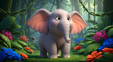 A heartwarming depiction of a cartoon elephant calf amidst a lush, vibrant jungle setting, inviting viewers into a whimsical world filled with wonder and innocence, evoking a sense of joy
