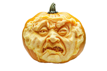 Carved halloween pumpkin with a grumpy face isolated on transparent background. Halloween pumpkin with carved face isolated on white background.