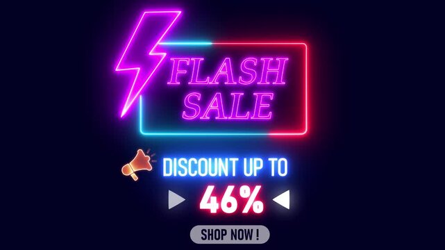 Flash sale neon sign banner, glowing vibrant colors, save up to 46%, perfect for ecommerce, store offers, online promotions, digital ads, and social media campaigns,