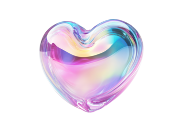 Iridescent heart shape gemstone isolated on transparent background. Heart shaped glass holographic Iridescent isolated on white background, 3d rendering.