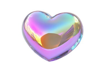 Iridescent heart shape gemstone isolated on transparent background. Heart shaped glass holographic Iridescent isolated on white background, 3d rendering.