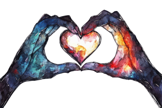 Colorful abstract hands forming a heart shape isolated on transparent background. Hands sign heart isolated on white background.