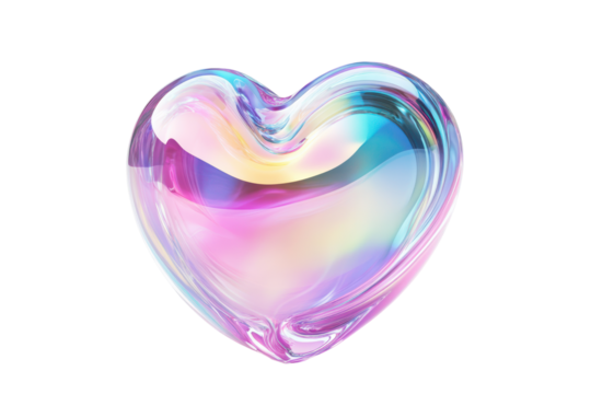 Iridescent heart shape gemstone isolated on transparent background. Heart shaped glass holographic Iridescent isolated on white background, 3d rendering.