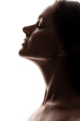 Fototapeta premium Silhouette of beautiful woman on white background, closeup