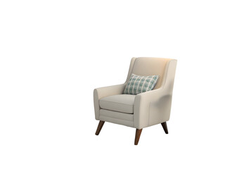3 D Render of a Beige Upholstered Armchair with Teal Plaid Pillow on Dark Background Isolated Studio Shot Soft Lighting Cozy Modern Interior Design