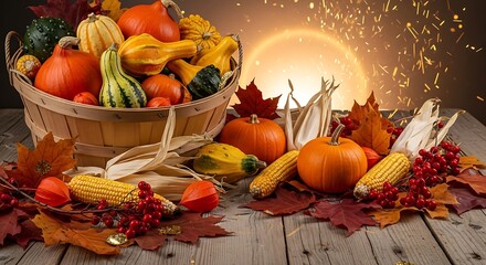 A rustic wooden basket overflowing with various autumn gourds, corn, and red berries, arranged on a weathered wooden table with warm lighting and a fall harvest mood.