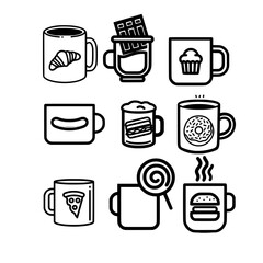 Food Icon Vector Set on Mug Designs Including Donut Pizza Fries Burger Bread and Ice Cream