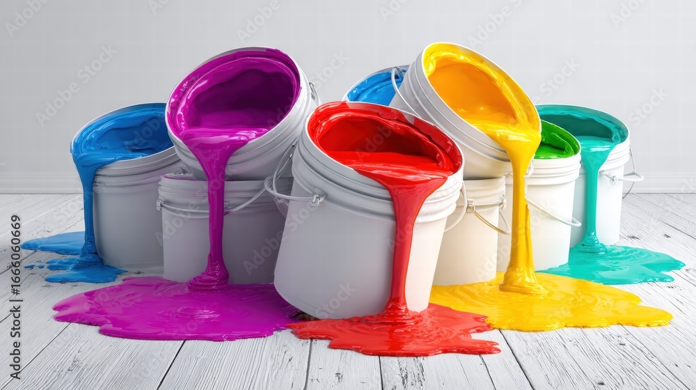 Poster vibrant colors of paint spill from buckets, creating a dynamic and expressive artistic scene on a wh