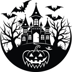 Halloween, vector illustration vector art of a spooky halloween scene featuring a haunted castle, bats flying in the night sky, and a carved pumpkin, all in a black silhouette against a